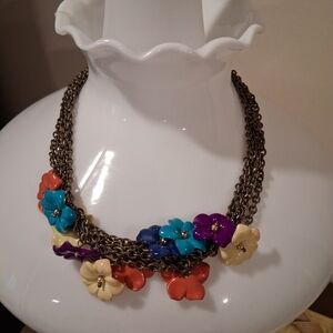 Colorful Multi-Flower Chain Necklace - Cream, Blue, Turquoise, Purple, Coral